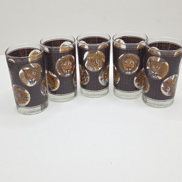 Libbey African Safari Textured Tumblers Highball Signed M. Dia Set of 5 Vintage - Picture 2 of 14
